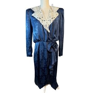 Vintage Scott McClintock Navy Blue Floral Satin Lace Collar Dress Formal 80s 90s
